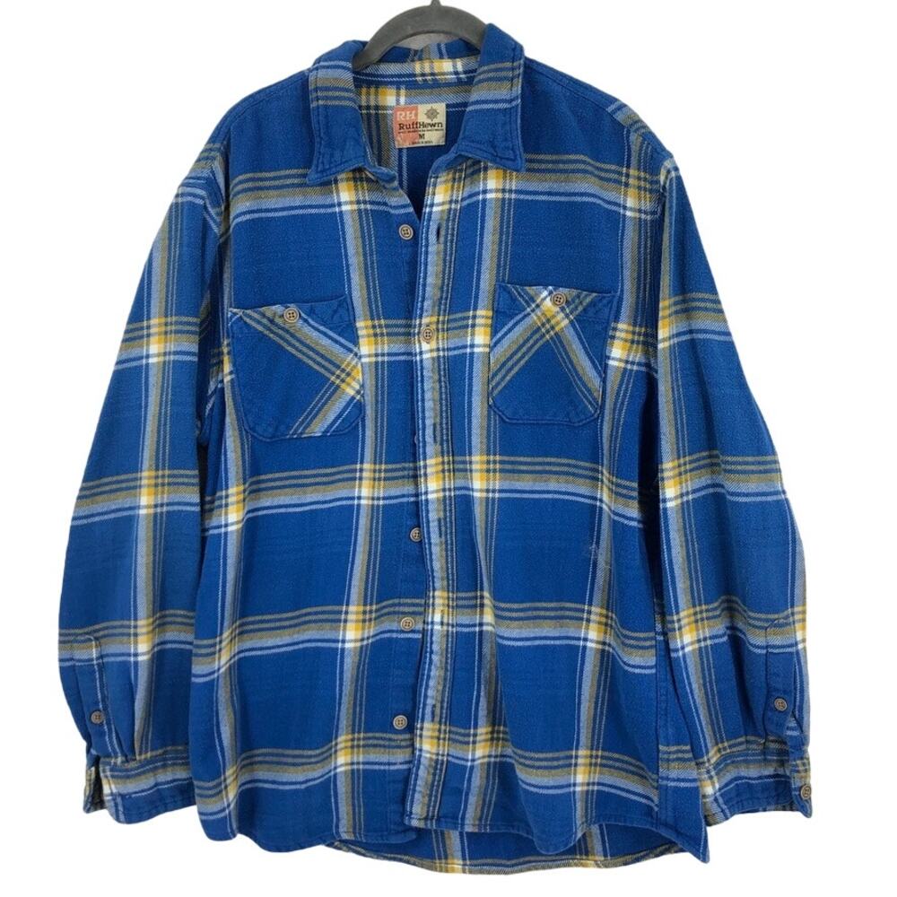 Ruff Hewn Flannel Shirt Men's Size Medium Blue Yellow Plaid Button Down Cotton